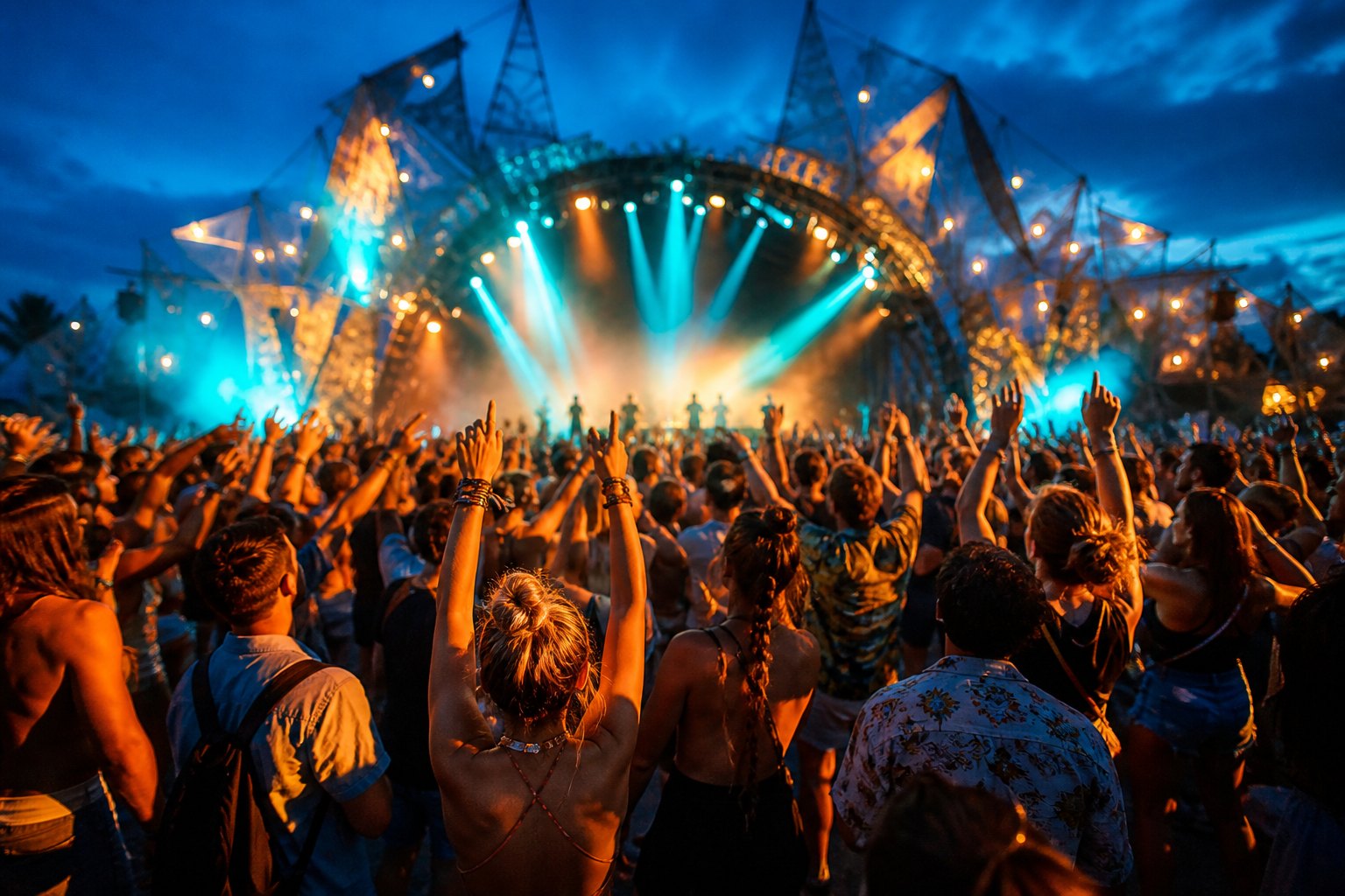 Festivalpublikum in farbigem Bühnenlicht